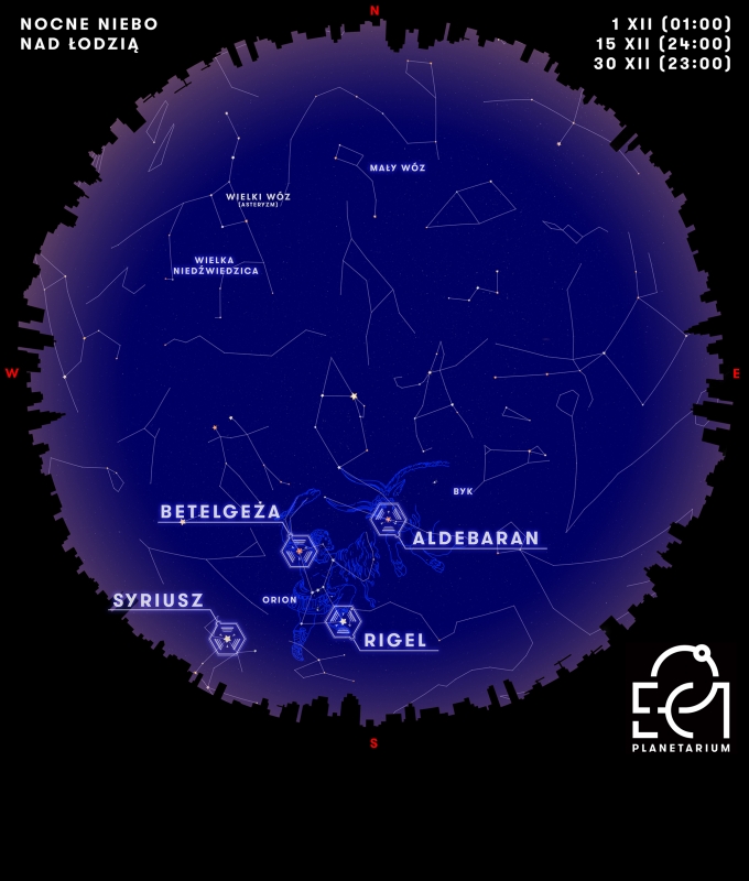 Mapa nieba nad Łodzią w grudniu