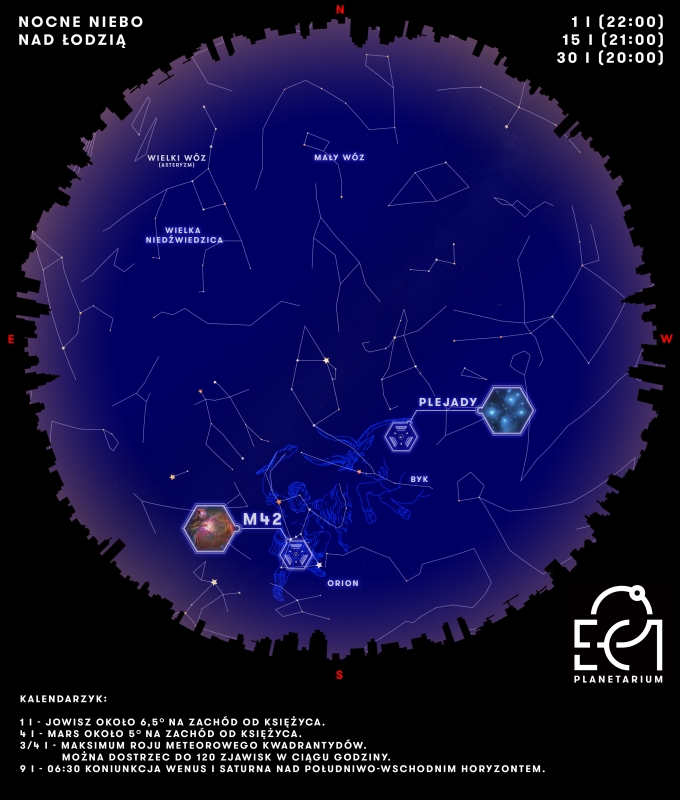Mapa nocnego nieba nad Łodzią w styczniu