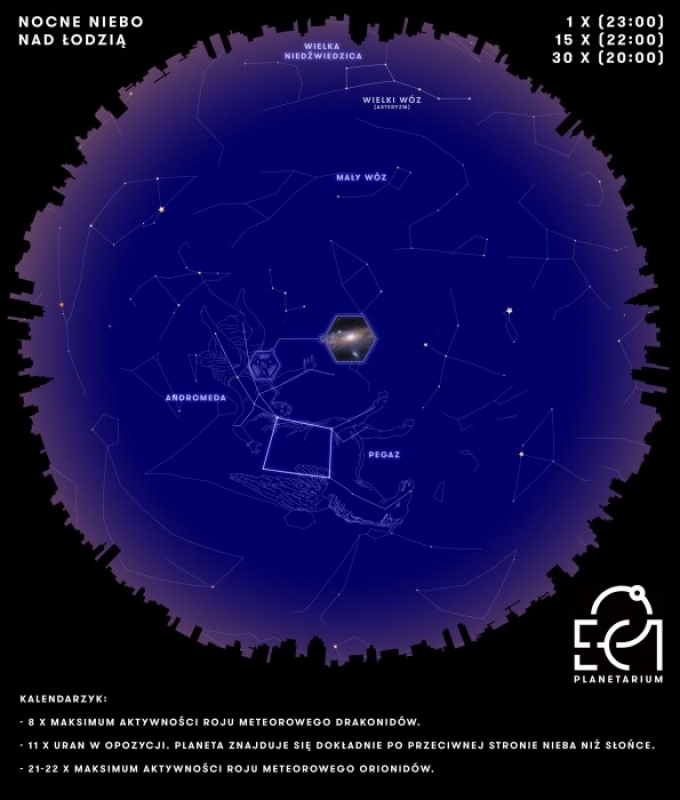 Mapa nieba nad Łodzią w październiku