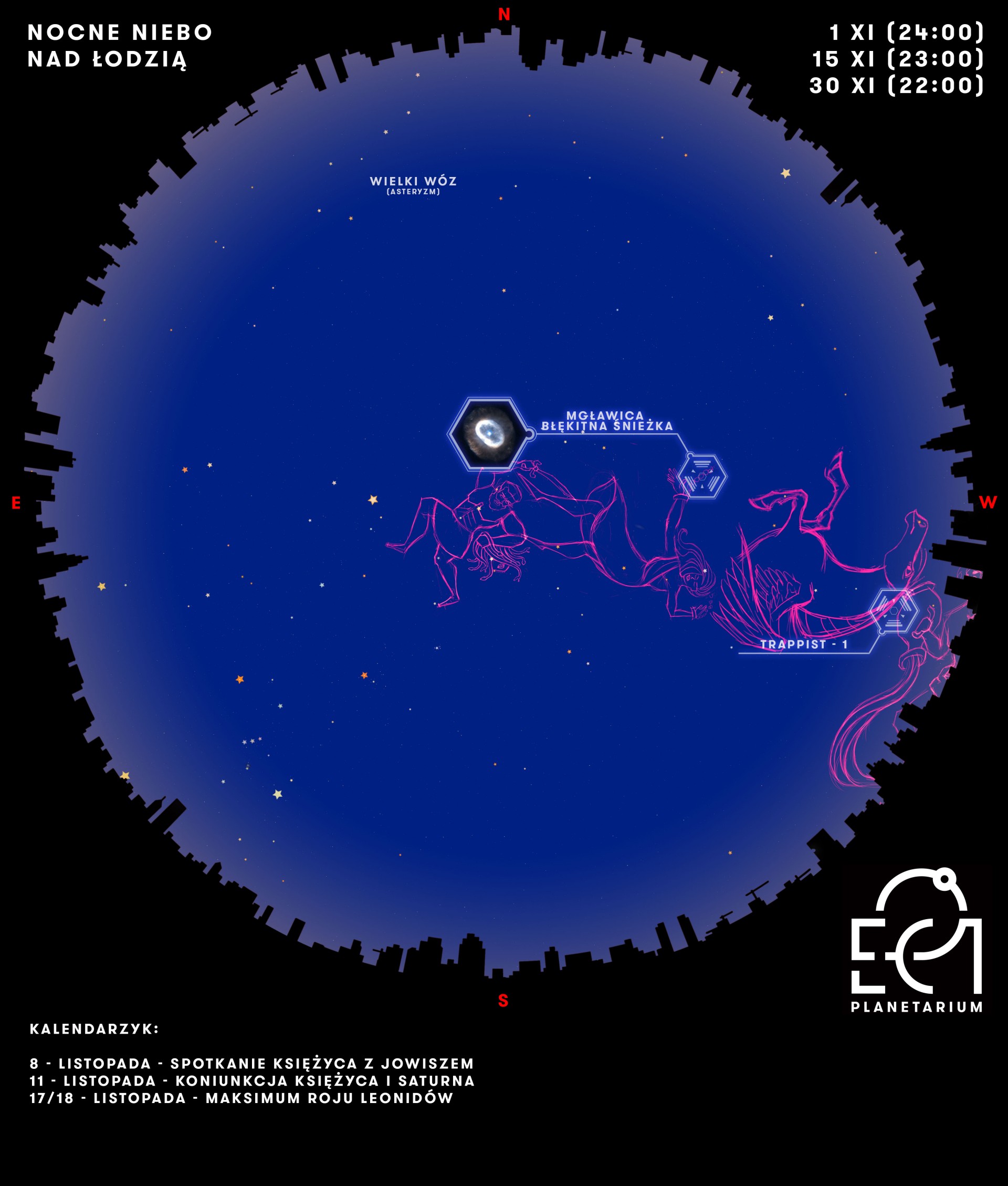 Mapa nocnego nieba nad Łodzią