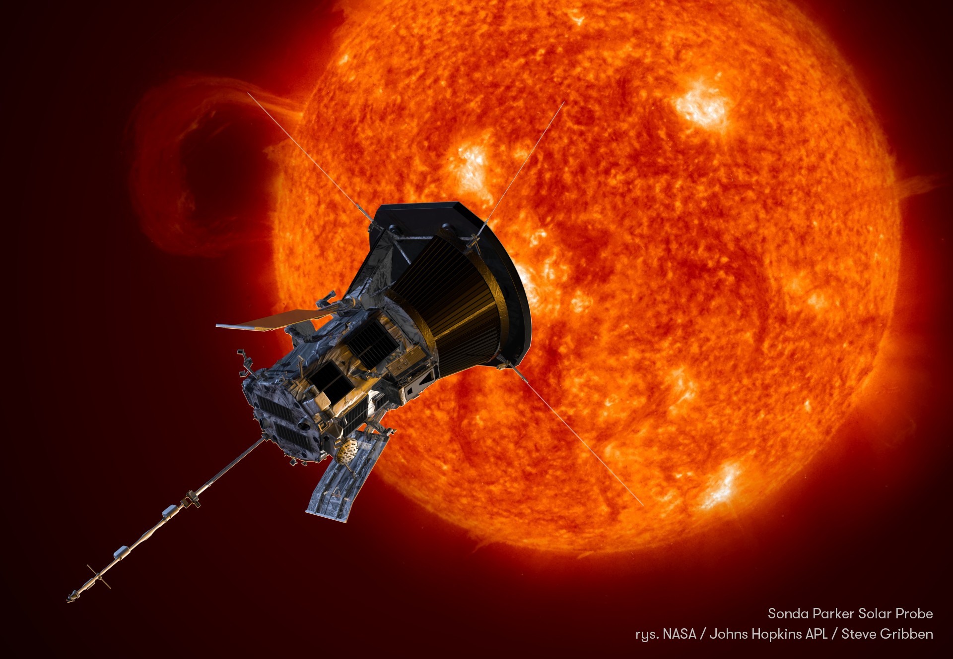 Wizja artystyczna sondy Parker Solar Probe na tle ciemnopomarańczowego Słońca