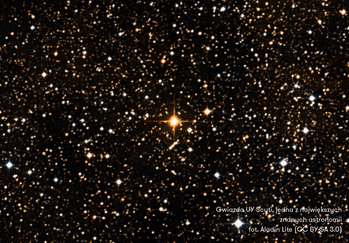 Gwiazda UY Scuti, jedna z największych znanych astronomii - pomarańczowy rozbłysk na rozgwieżdżonym niebie