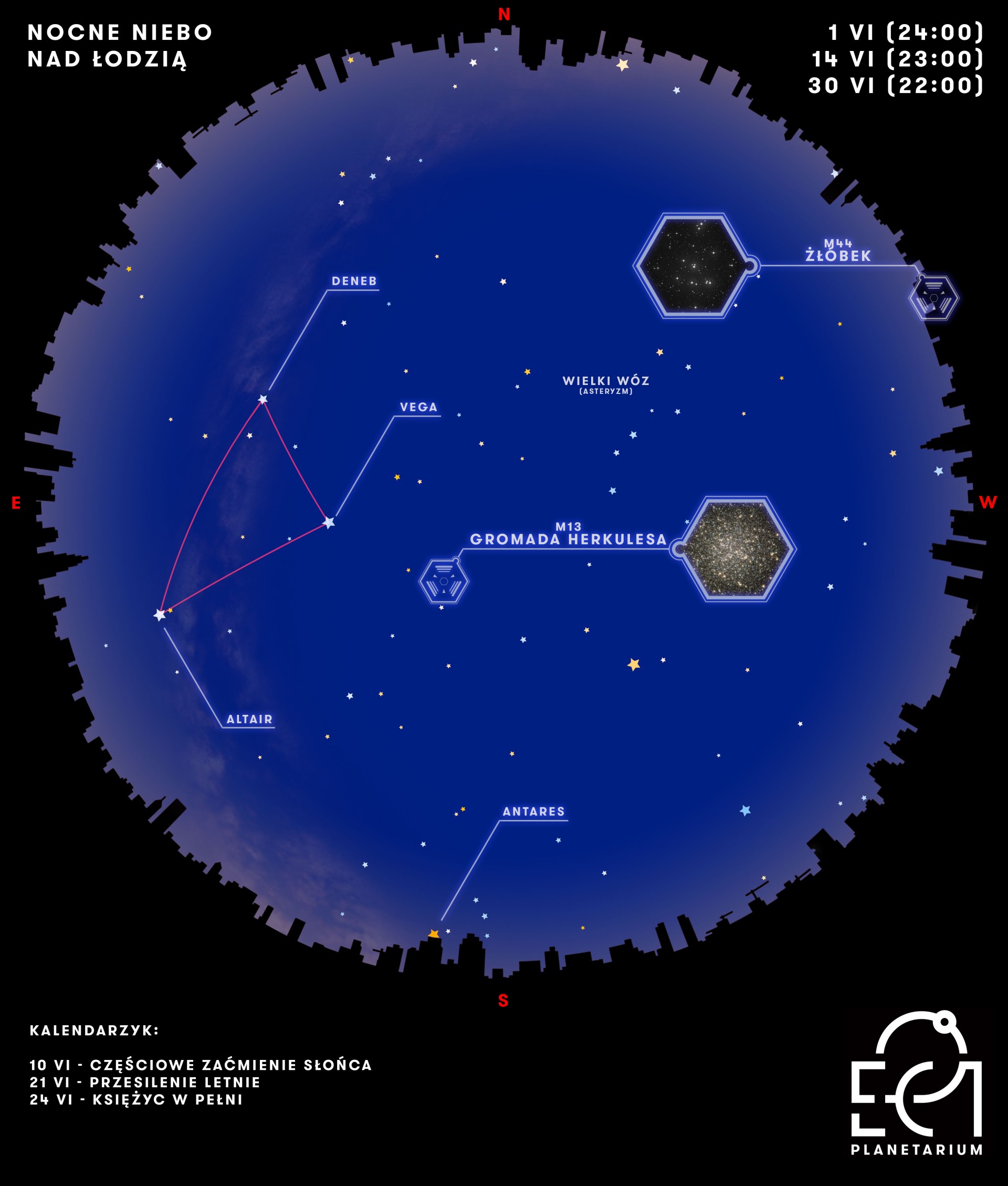 Mapa nocnego nieba nad Łodzią - grafika z oznaczeniem obiektów opisywanych w artykule